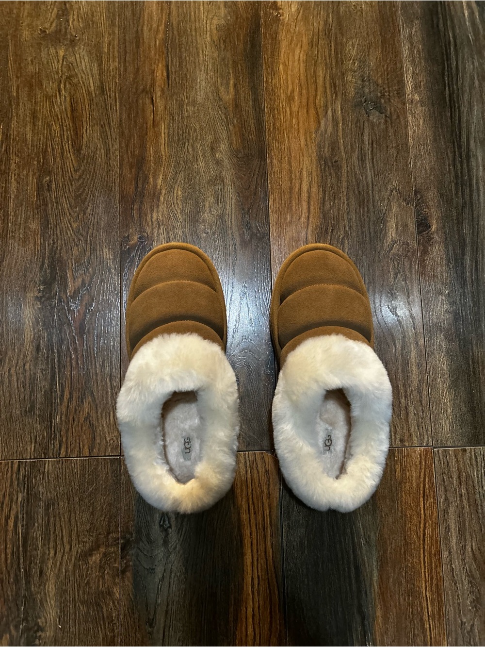 UGG Women’s Chestnut Brown Suede Slippers with Cream Shearling